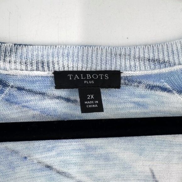 Talbots Tropical Blue & White Sweater V-Neck Size 2X Palm Print Plus Coastal - Picture 8 of 10
